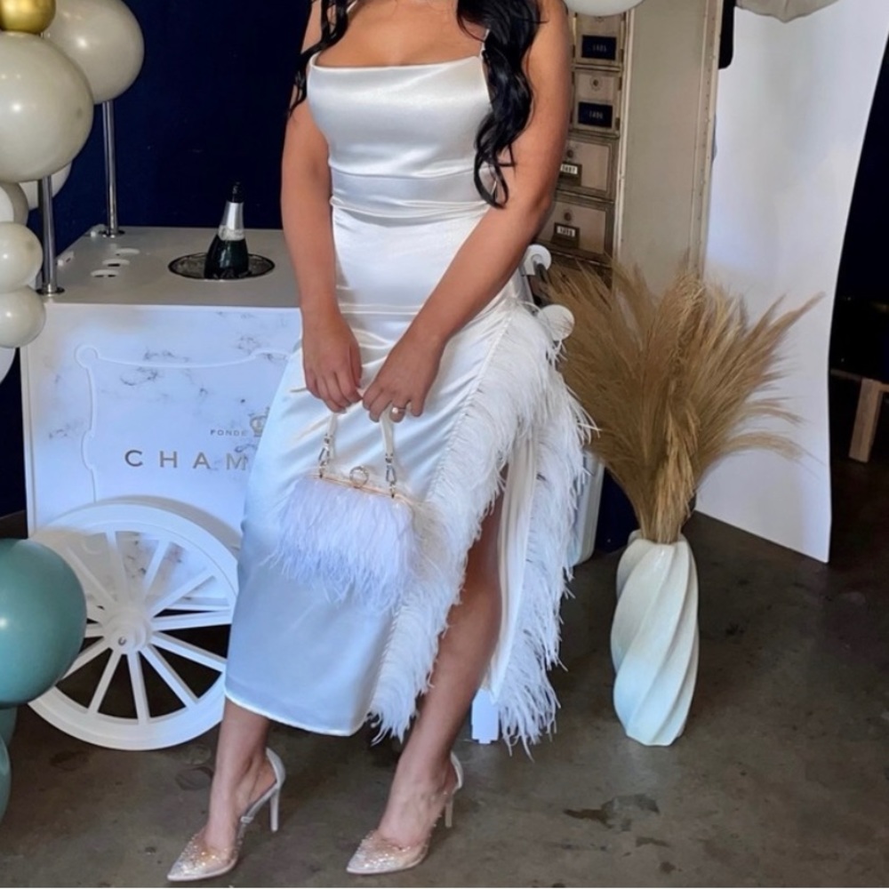 Nichole Lynel The Label Feather Trim Satin Cowl Neck White Dress NWT Size Small